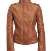 Women's Cognac Faux Leather Tan Brown Stand Collar Jacket Women's Cognac Faux Leather Tan Brown Stand Collar Jacket