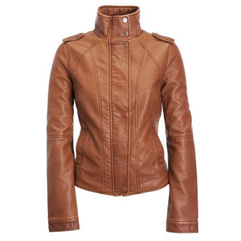 Women's Cognac Faux Leather Tan Brown Stand Collar Jacket Women's Cognac Faux Leather Tan Brown Stand Collar Jacket
