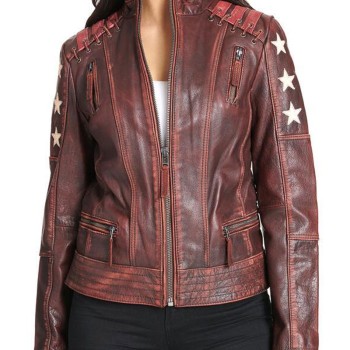 Women's Stars and Stripes Biker  Distressed Brown Leather Jacket