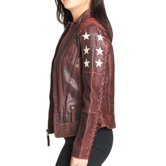 Women's Stars and Stripes Biker  Distressed Brown Leather Jacket