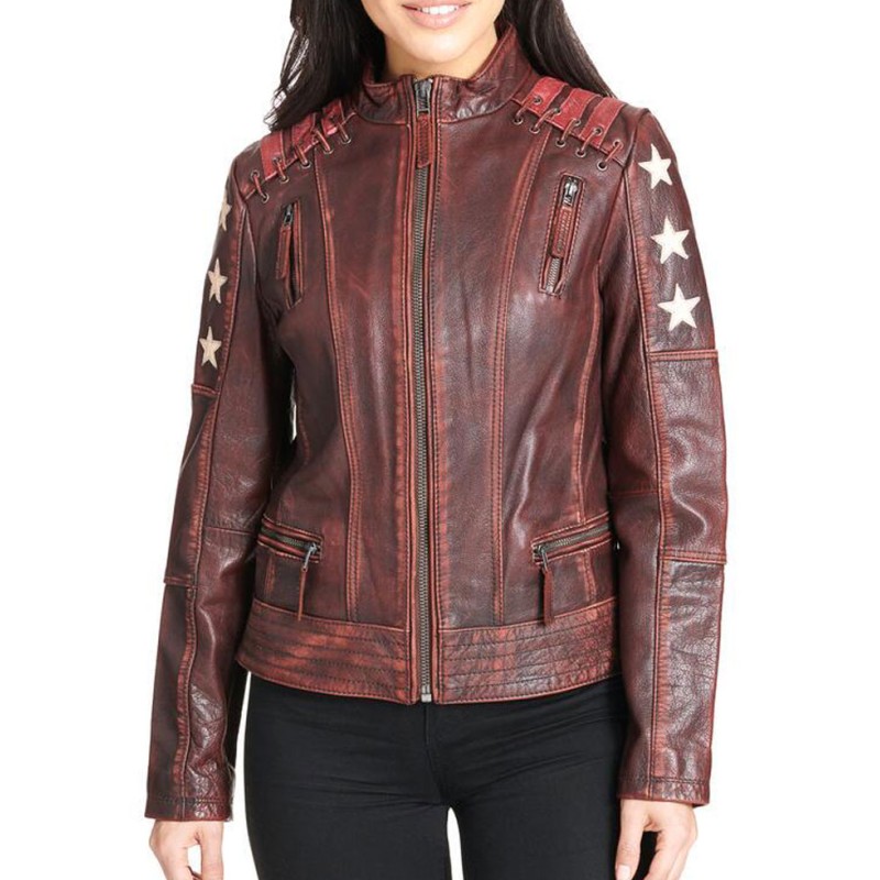 Women's Stars and Stripes Biker  Distressed Brown Leather Jacket