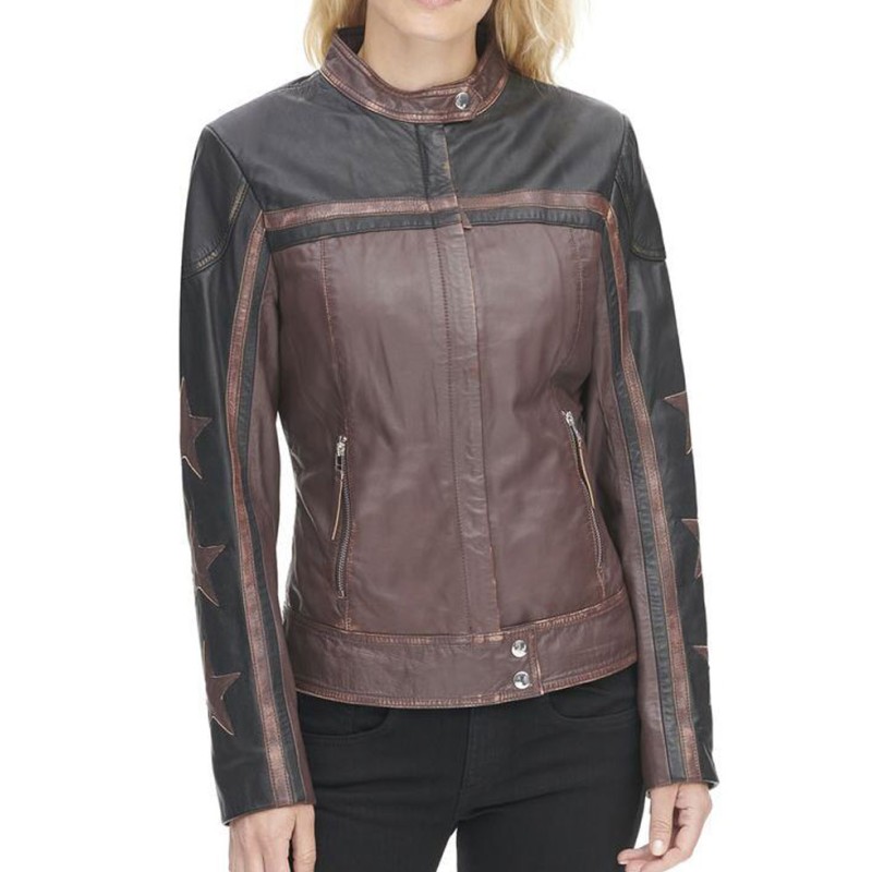 Women's Stars Sleeves Design Motorcycle Leather Jacket