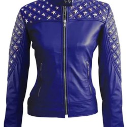 Women's Studded Silver Star Leather Diamond Quilted Jacket