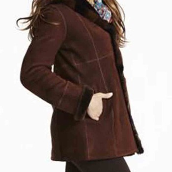 Women's Shearling Brown Suede Leather Jacket with Hoodie