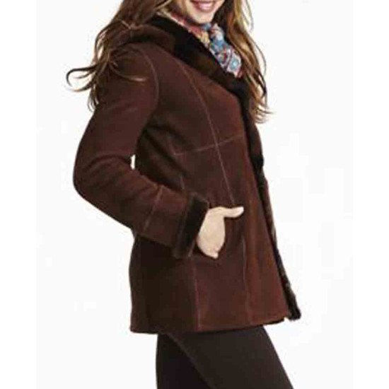 Women's Shearling Brown Suede Leather Jacket with Hoodie