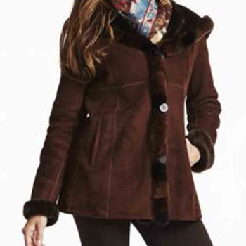 Women's Shearling Brown Suede Leather Jacket with Hoodie