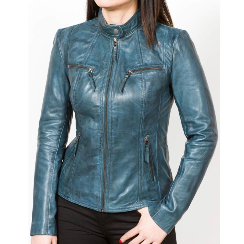 Women's Waxed Blue Leather Motorcycle Jacket Women's Waxed Blue Leather Motorcycle Jacket