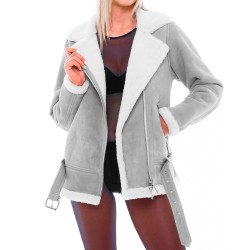 Women's WFJ301 Suede Asymmetrical Zipper Shearling Grey Jacket