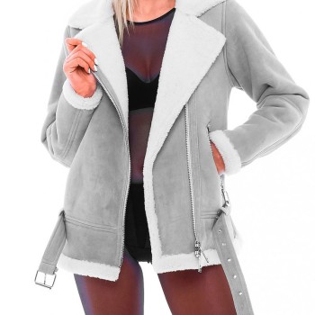 Women's WFJ301 Suede Asymmetrical Zipper Shearling Grey Jacket