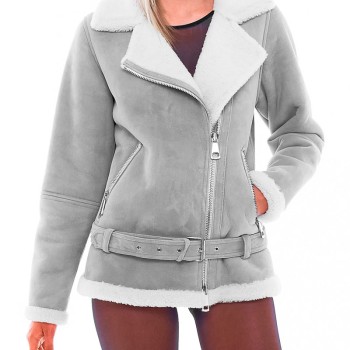 Women's WFJ301 Suede Asymmetrical Zipper Shearling Grey Jacket