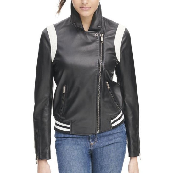 Women's White Striped Bomber Asymmetrical Black Leather Jacket