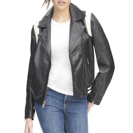 Women's White Striped Bomber Asymmetrical Black Leather Jacket