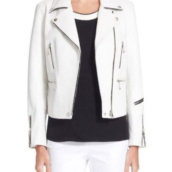Women's Zipper Design Motorcycle White Leather Jacket