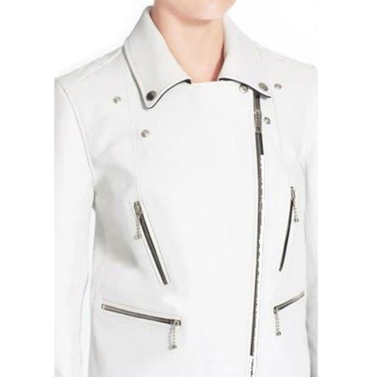 Women's Zipper Design Motorcycle White Leather Jacket