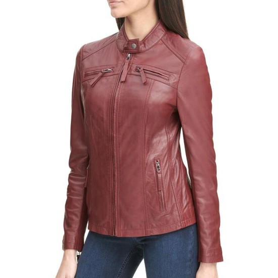 Women's Zipper Pockets Scuba Red Leather Jacket