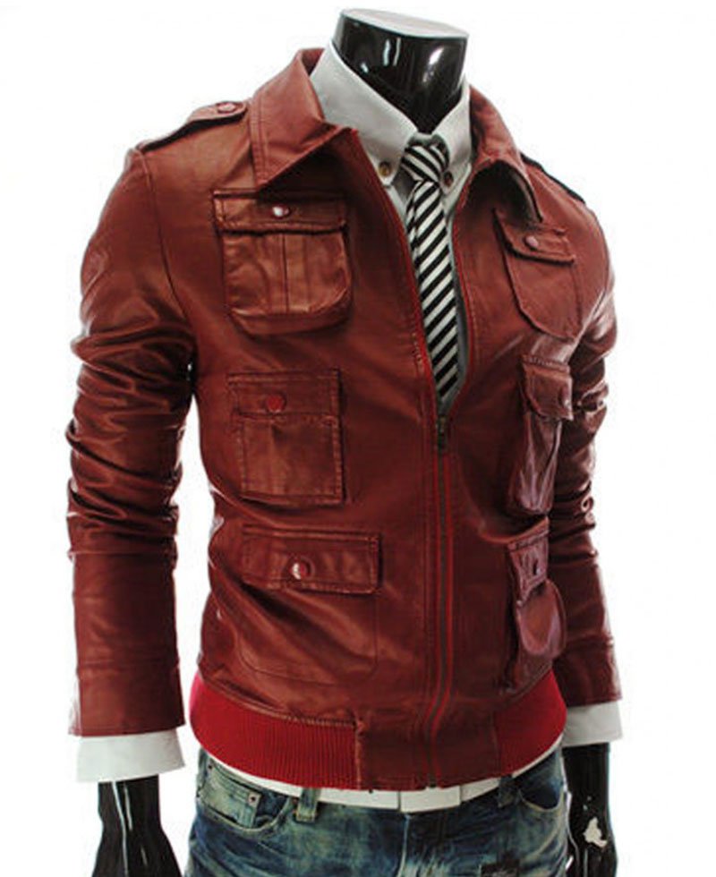 Men's Bomber Style Slim Fit Red Faux Leather Jacket