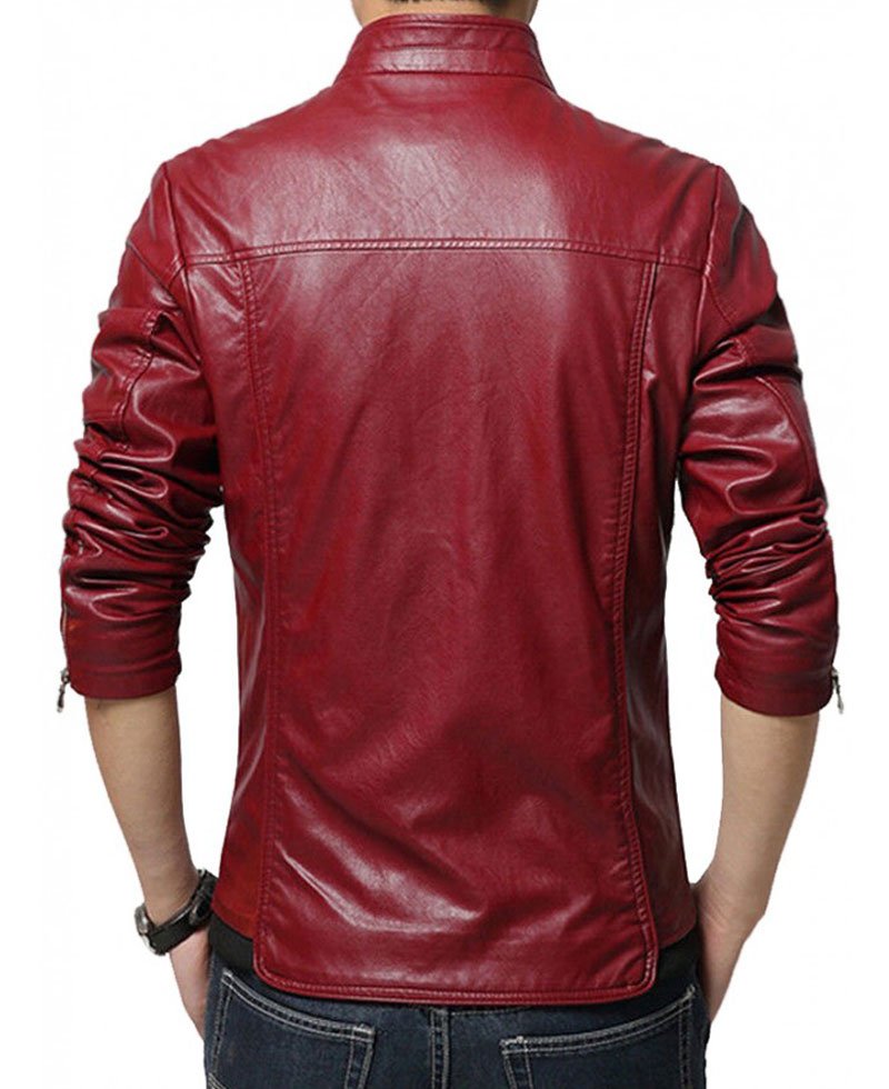 Men's Designer Style Slim Fit Red Faux Leather Jacket