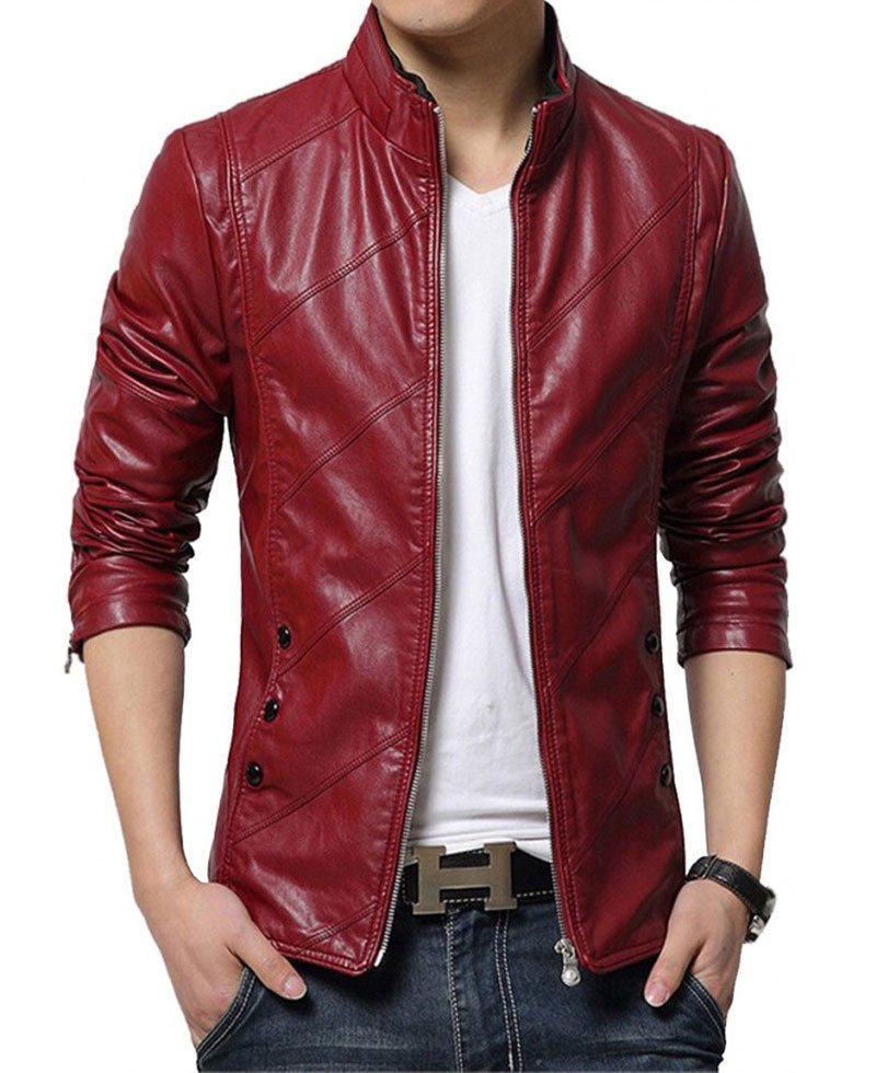 Men's Designer Style Slim Fit Red Faux Leather Jacket