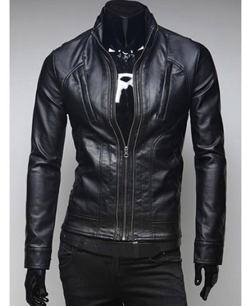 Men's Pockets Design Stand Collar Slim Fit Black Jacket
