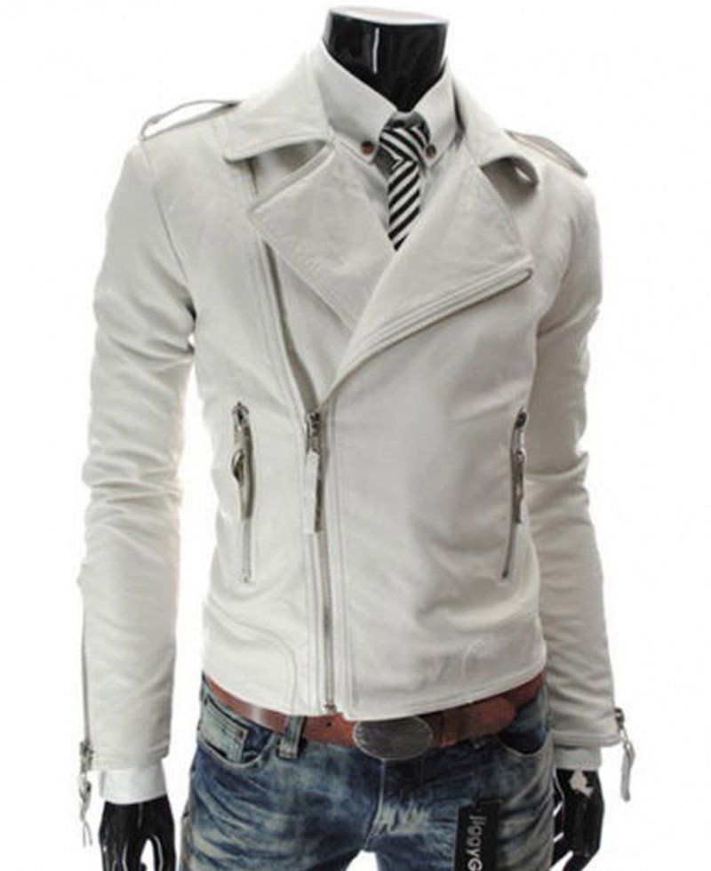 Men's Slim Fit Asymmetrical Zipper White Leather Jacket - FilmsJackets