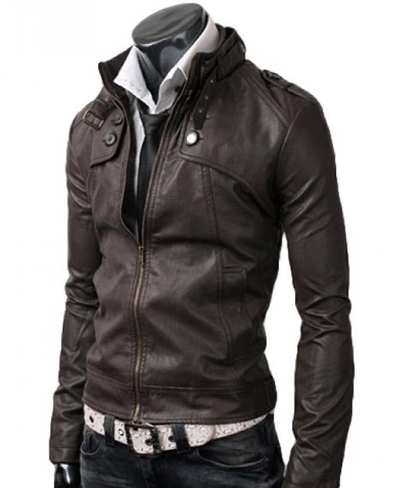 Men's Slim Fit Collar Dark Brown Leather Jacket