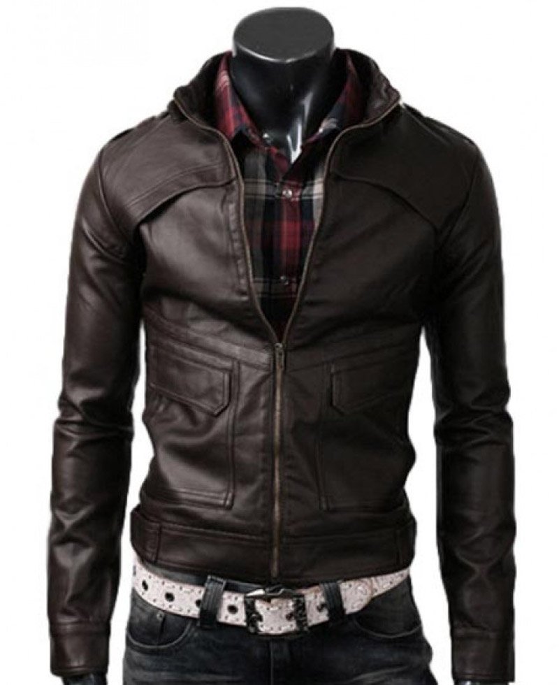 Men's Slim Fit Brown Stand Collar Leather Jacket - FilmsJackets