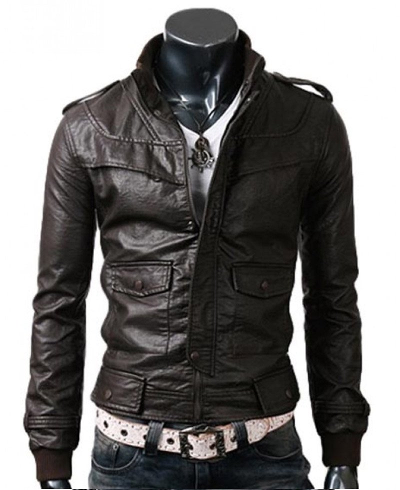 Men's Slim Fit Stand Collar Leather Jacket