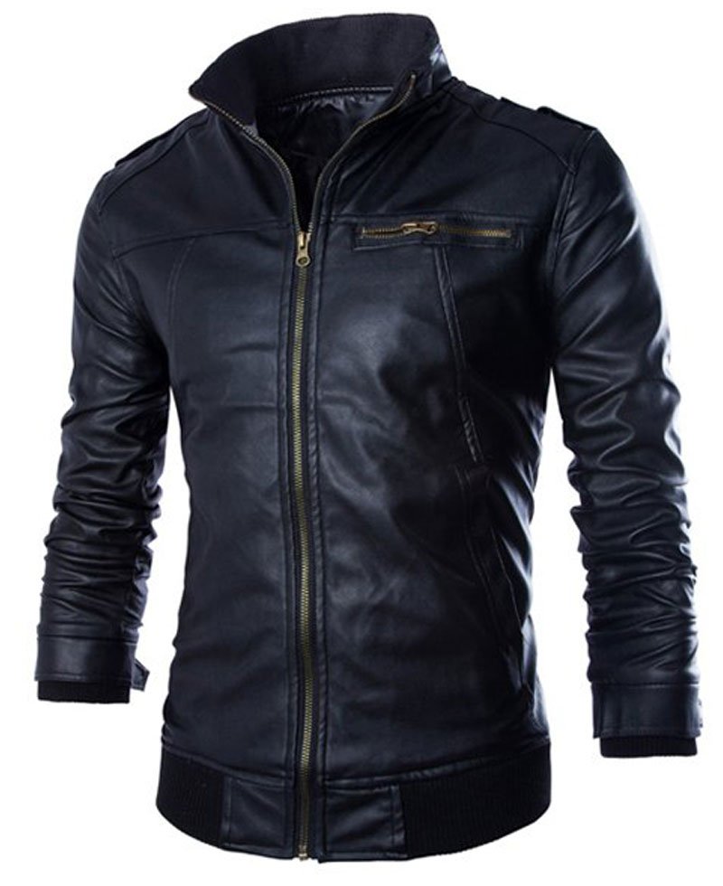 Men's Slimming Fit Stand Collar Black Leather Jacket
