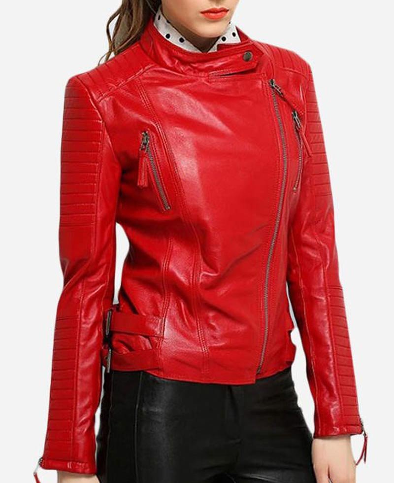 Women's Padded Sleeves Asymmetrical Red Leather Biker Jacket