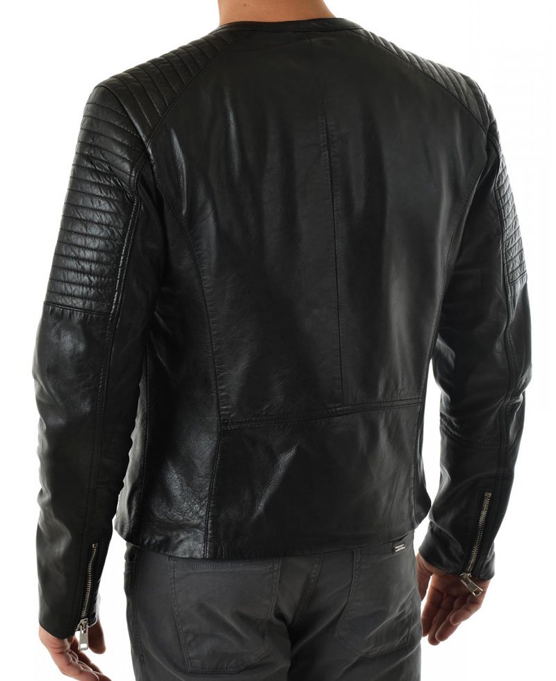 Men's Collarless Asymmetrical Black Leather Jacket