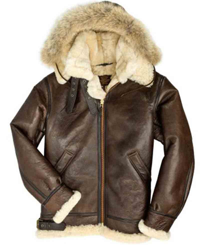 Men’s B3 Shearling Hooded Brown Leather Jacket 