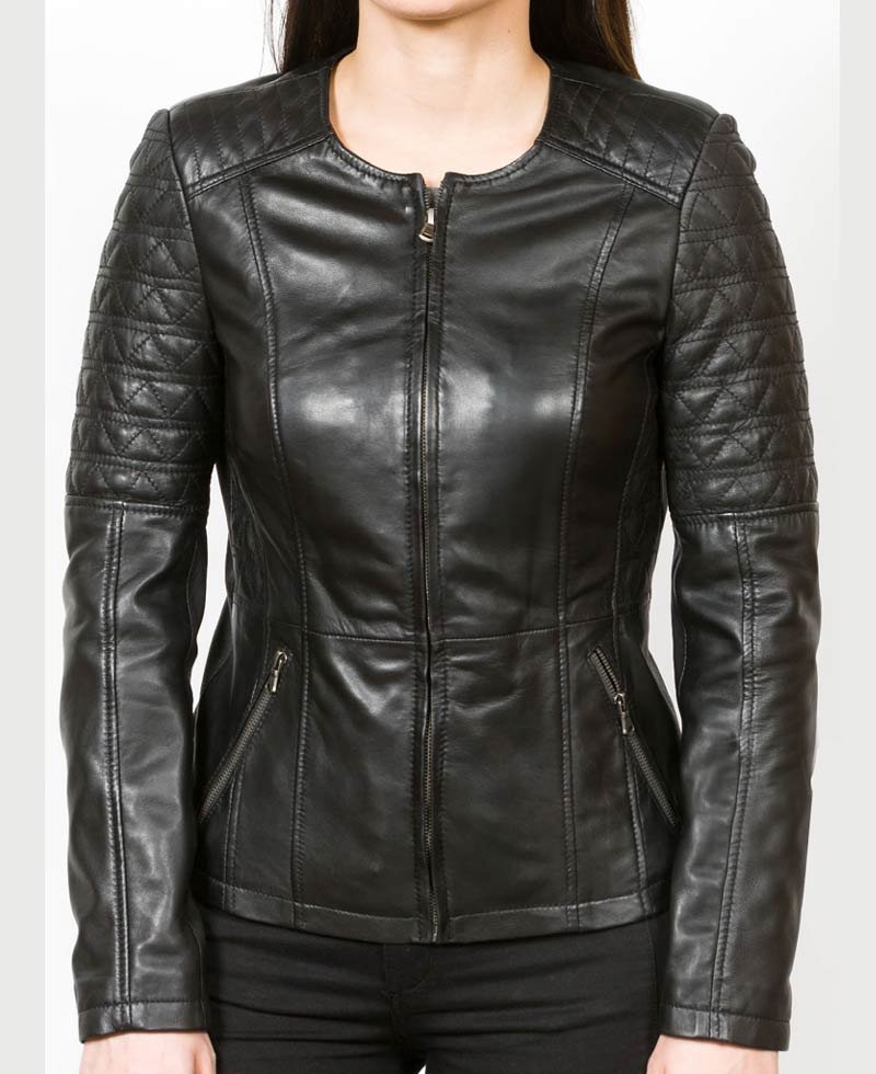 Women's Black Collarless Leather Jacket