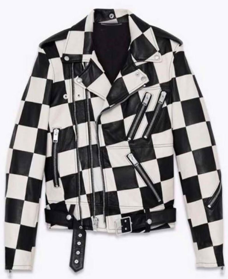 Diamond White Bold and the Beautiful Checkered Black and White Leather Jacket