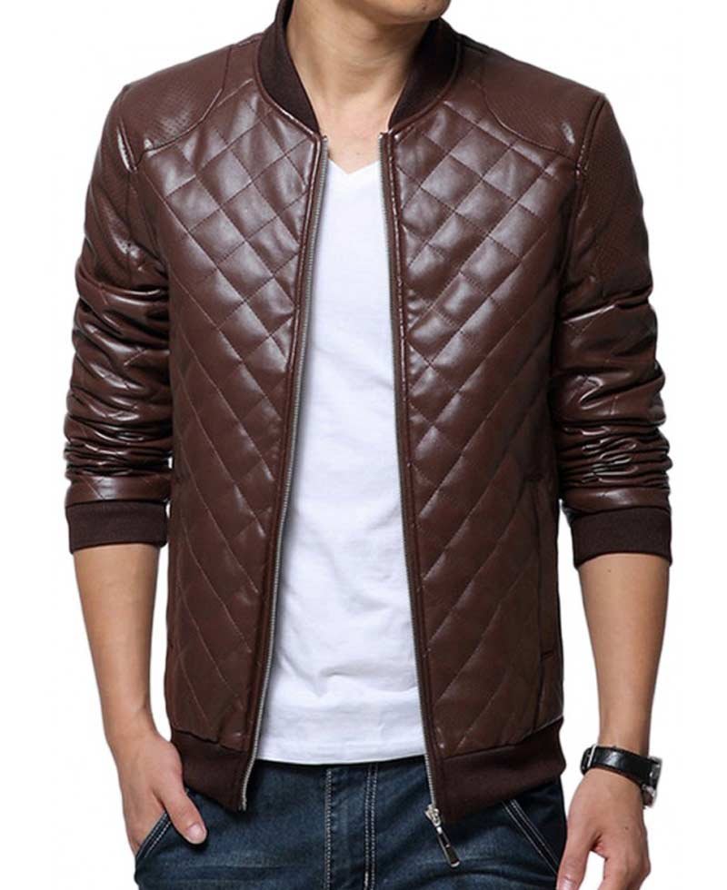 Men's Bomber Diamond Quilted Faux Brown Leather Jacket