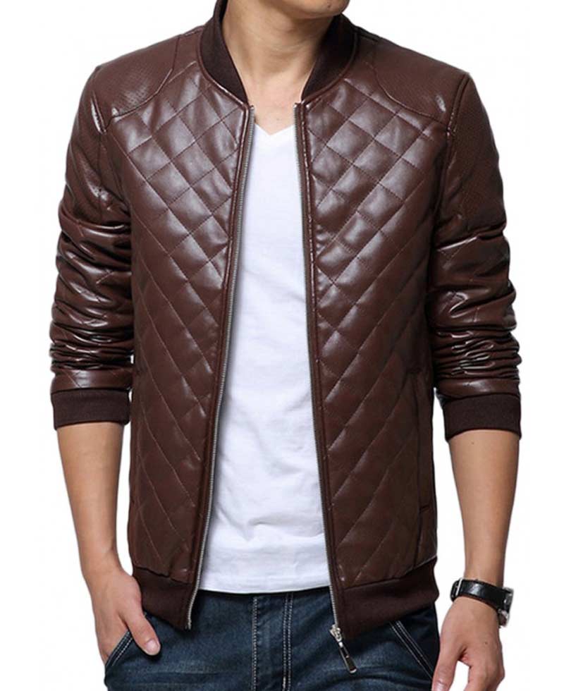 Men S Diamond Quilted Casual Faux Brown Leather Jacket Films