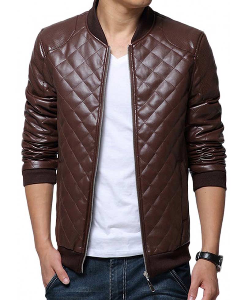 Men's Bomber Diamond Quilted Faux Brown Leather Jacket