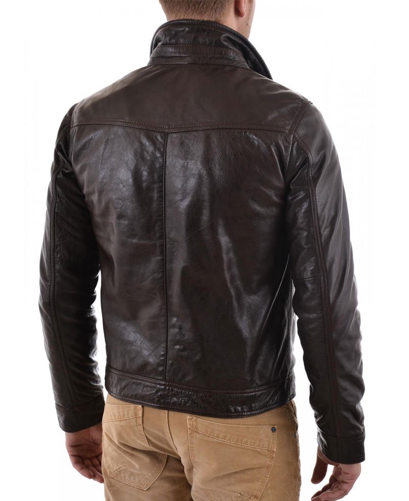 Men's Belted Collar Casual Dark Brown Leather Jacket