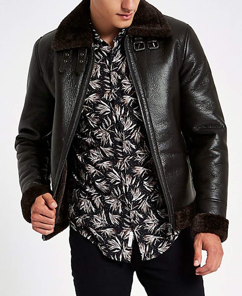 Men's Bomber Buckle Collar Dark Brown Leather Aviator Jacket