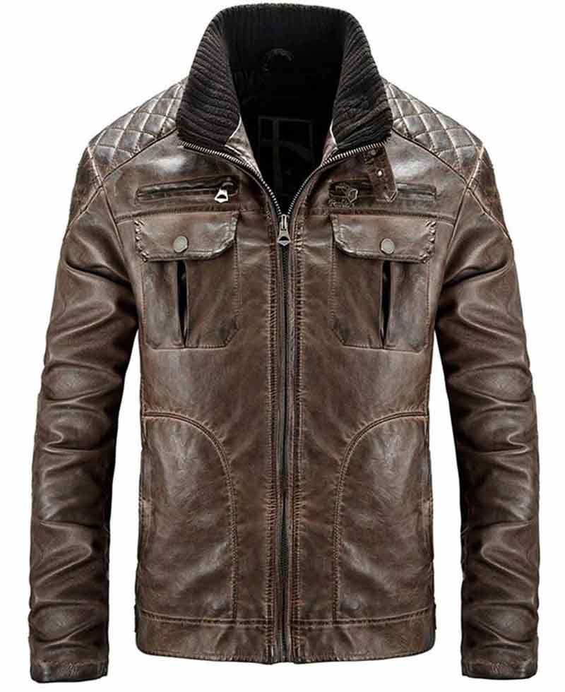 Men's Quilted Shoulders Distressed Brown Leather Motorcycle Jacket
