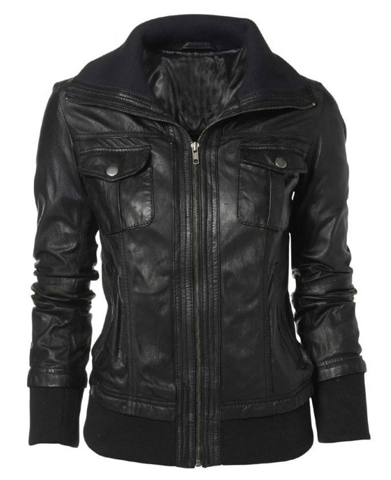 Double Collar Black Leather Bomber Jacket Women
