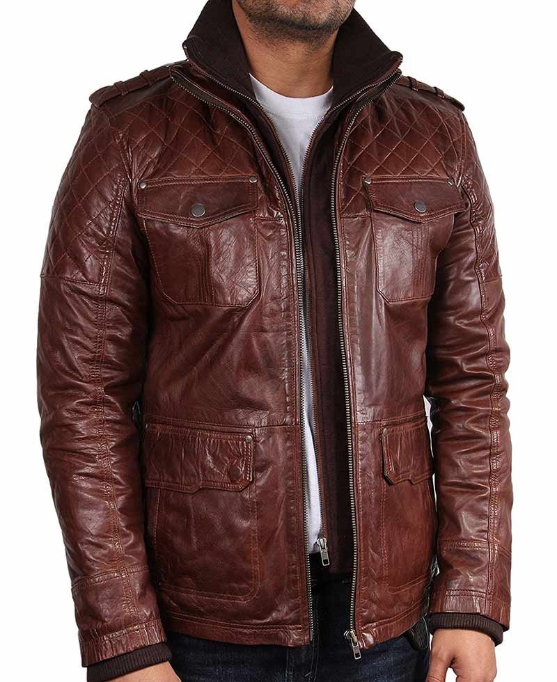 Men's Double Collar Four Pocket Brown Leather Jacket