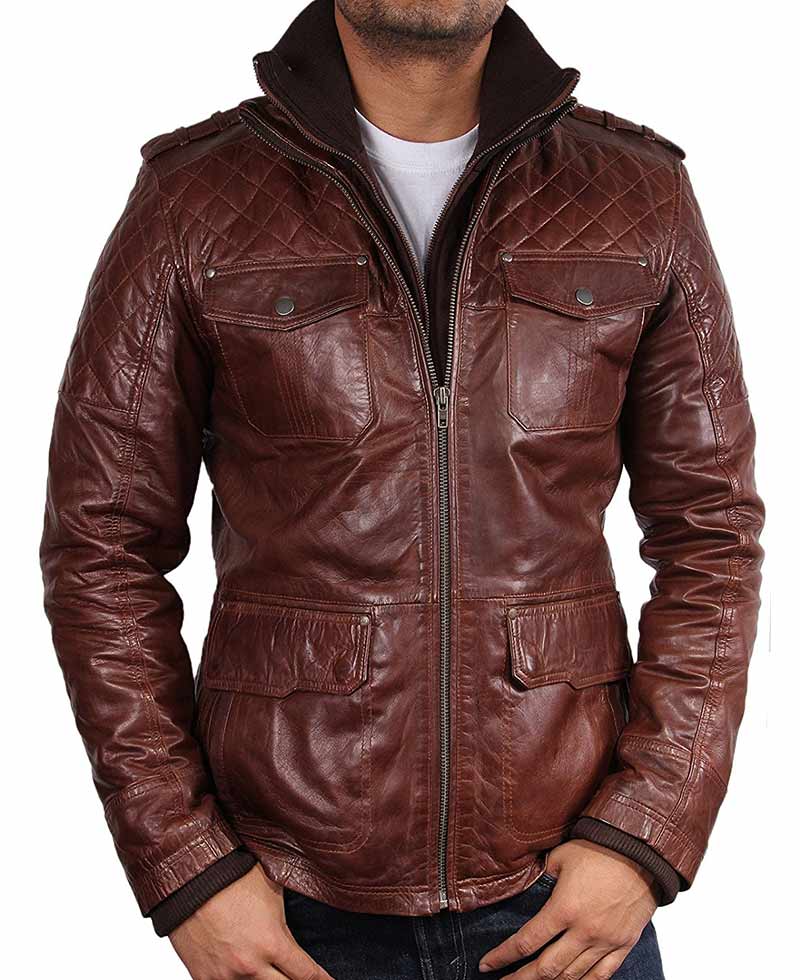 Men's Double Collar Four Pocket Brown Leather Jacket