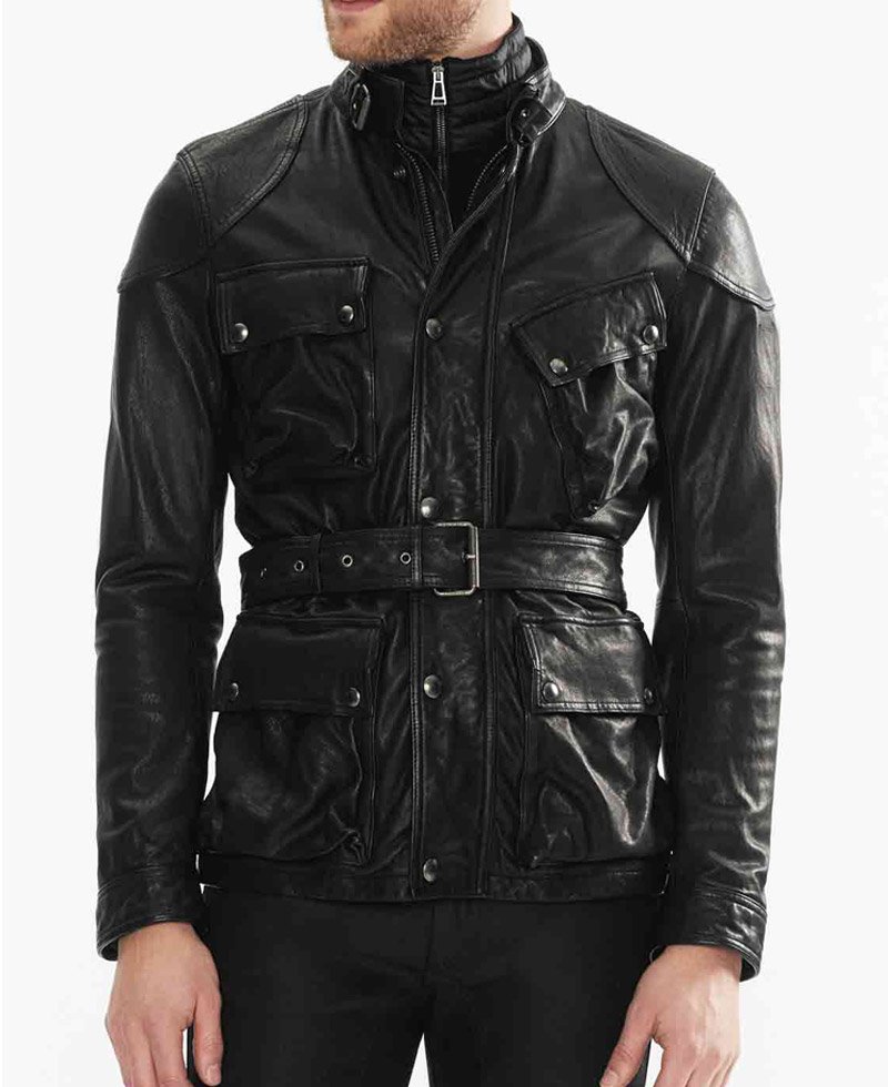 Men's Belted Collar 4 Pockets Leather Jacket