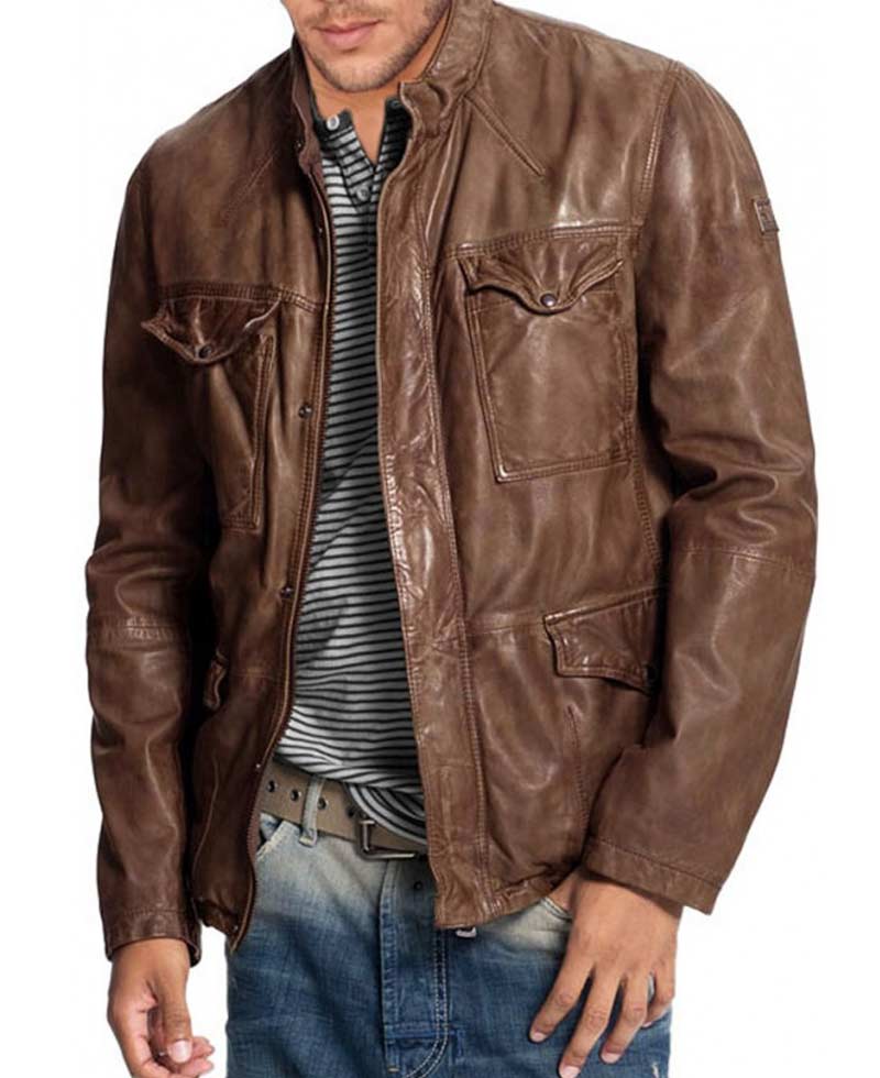 Men's Vintage Four Pockets Distressed Brown Leather Jacket