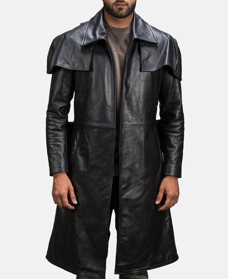 Men's Army Black Cow Hide Leather Duster