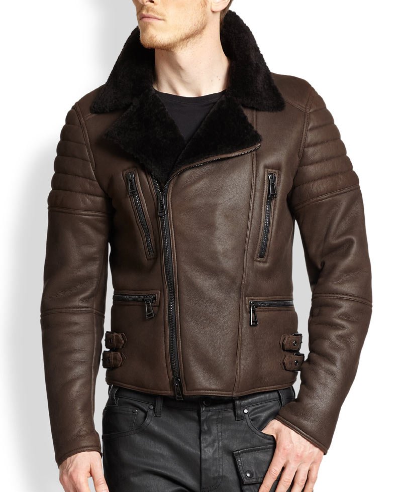 Men's Classic Biker Brown Shearling Leather Jacket