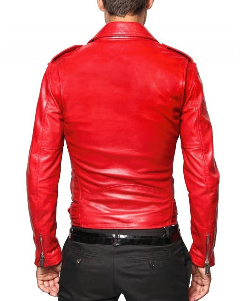 Men's Belted Asymmetrical Zipper Red Leather Motorcycle Jacket