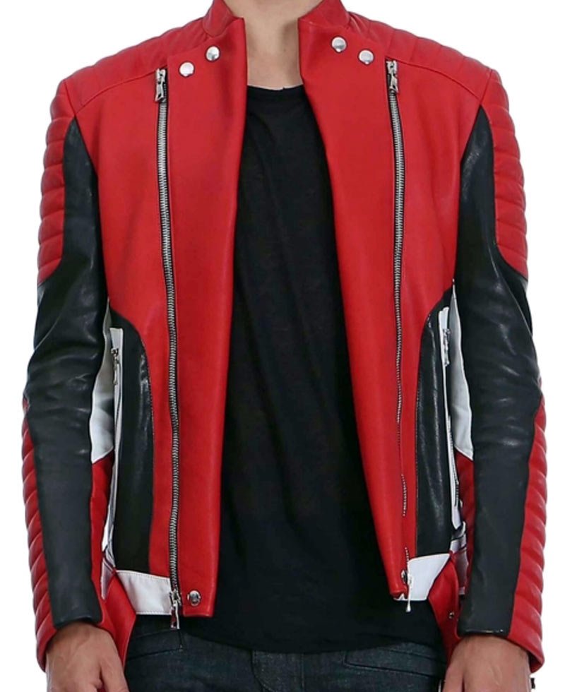 Men's Asymmetrical Zipper Red Leather Quilted Biker Jacket