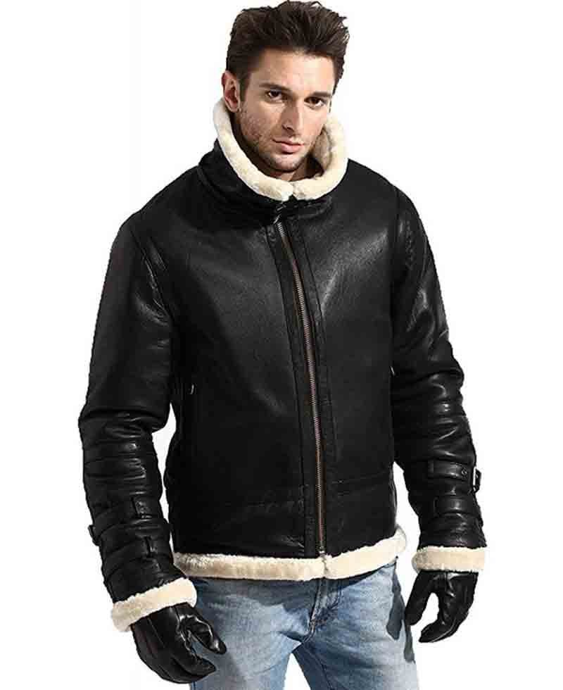 Men's B3 Shearling Black Leather Jacket with Hoodie