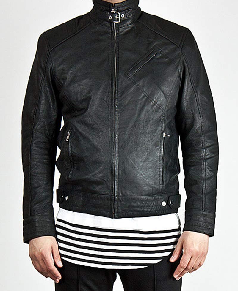 Men's Diagonal Zipper Belted Collar Leather Jacket